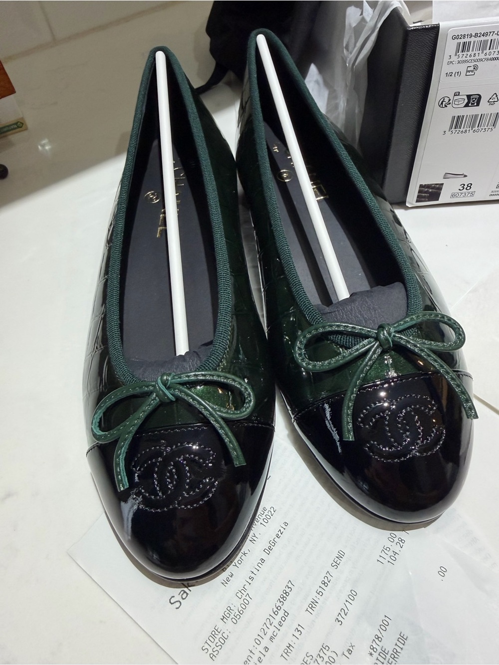 CHANEL Dark Green Croc and Black Quilted Patent Leather Ballet Flats size 38